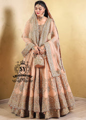 In a radiant shade of Peach puff, this bridal dress captures a timeless grandeur, sweetened with touches of pastel romance. This open-cut kalidaar gown shines with tissue silk lehenga.