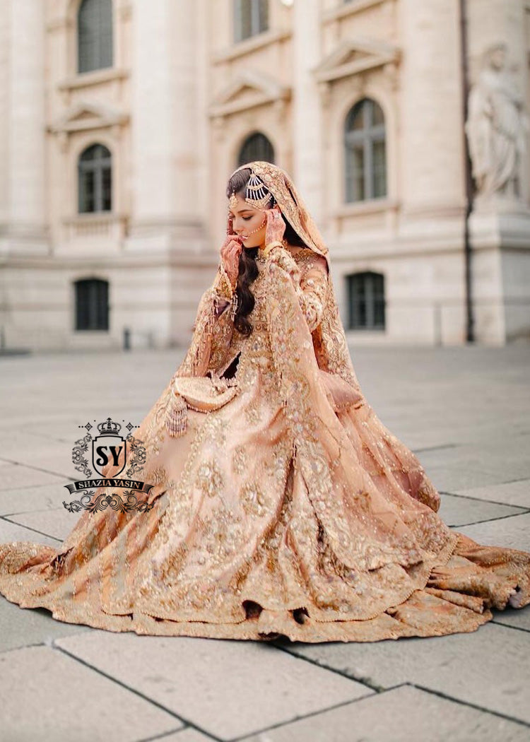 The dreamlike Gown & Lehenga silhouette, Straight out of fairy tale. Undeniably eye-catching, sparkly bridal dress is ideal for the bride seeking romance and glamor. This illuminating element reflects light beautifully adding enchanting details from head to toe.