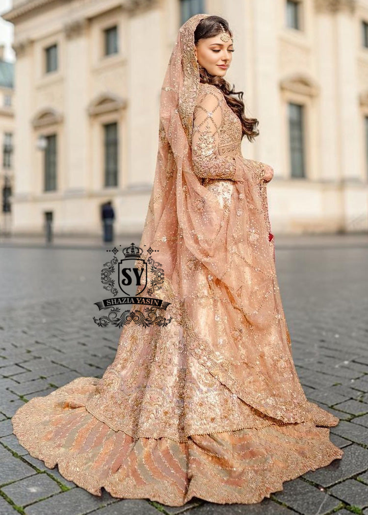 The dreamlike Gown & Lehenga silhouette, Straight out of fairy tale. Undeniably eye-catching, sparkly bridal dress is ideal for the bride seeking romance and glamor. This illuminating element reflects light beautifully adding enchanting details from head to toe.