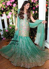 The moment you put on this bridal dress, you will feel like the star of a fairy tale. Rich and yet airy, this look combines a body-con kameez silhouette with a shimmering lehenga skirt.