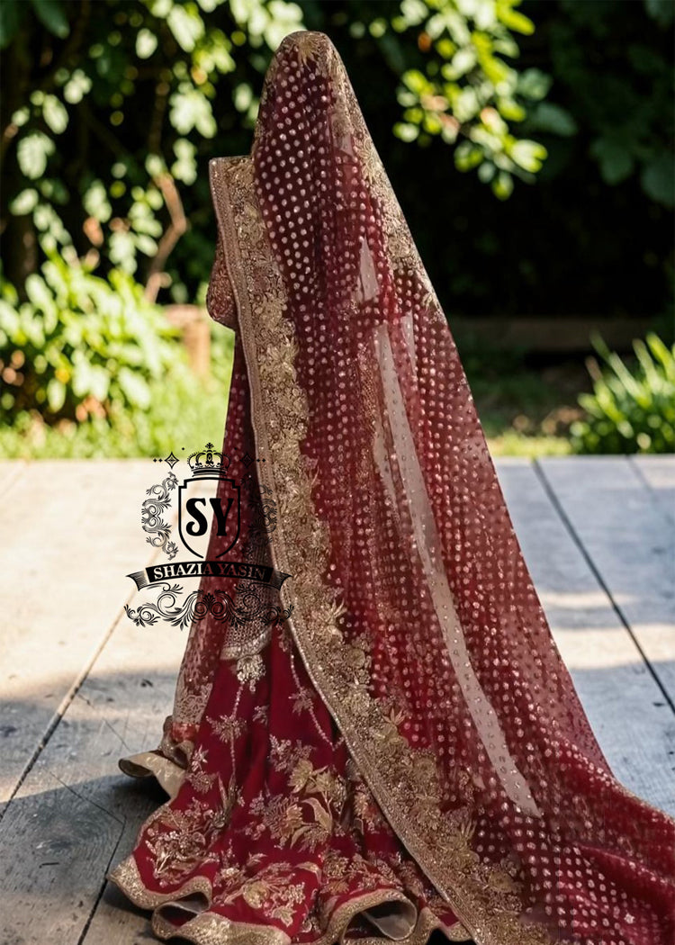 Obsessed with this sweetheart neckline glitter bridal dress. The cathedral train adds the perfect touch of elegance. The delicate shimmer and flattering lehenga silhouette make it a dream for any bride. Perfect for a romantic ceremony or a grand celebration.