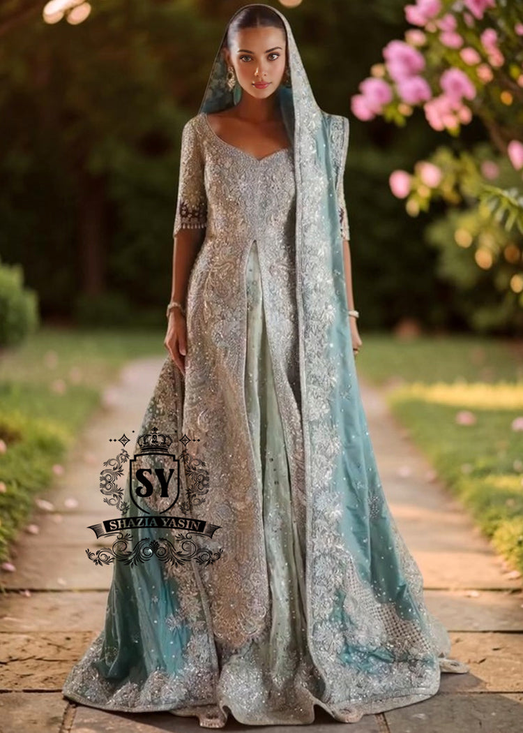 Exquisite bride in Lucky, luxe, flawless bridal dress with a fitted A-line gown & lehenga that flatters beautifully. Incredibly delicate look in the Aero Blue Bridal dress.
