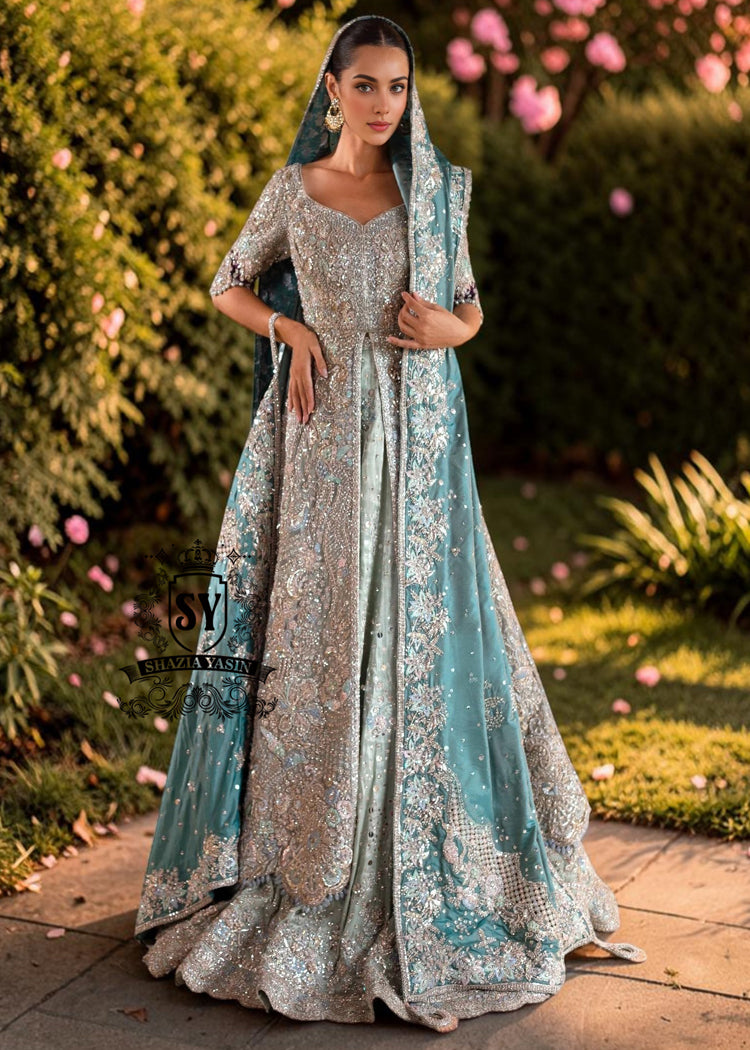 Exquisite bride in Lucky, luxe, flawless bridal dress with a fitted A-line gown & lehenga that flatters beautifully. Incredibly delicate look in the Aero Blue Bridal dress.