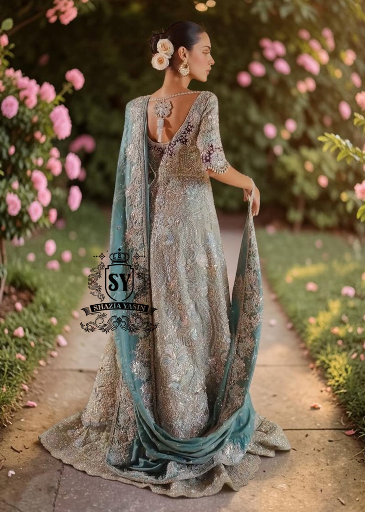 Exquisite bride in Lucky, luxe, flawless bridal dress with a fitted A-line gown & lehenga that flatters beautifully. Incredibly delicate look in the Aero Blue Bridal dress.