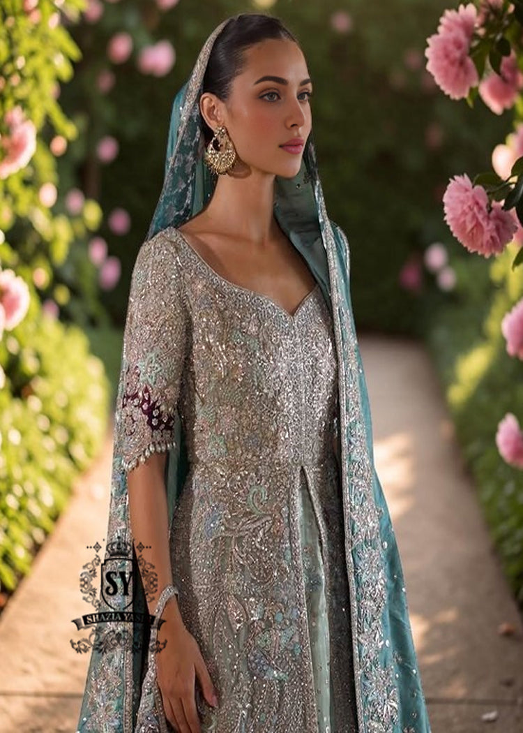 Exquisite bride in Lucky, luxe, flawless bridal dress with a fitted A-line gown & lehenga that flatters beautifully. Incredibly delicate look in the Aero Blue Bridal dress.
