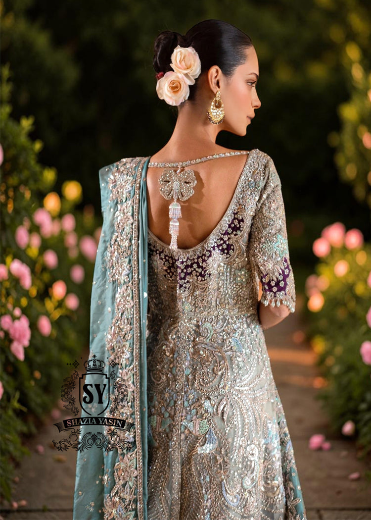 Exquisite bride in Lucky, luxe, flawless bridal dress with a fitted A-line gown & lehenga that flatters beautifully. Incredibly delicate look in the Aero Blue Bridal dress.