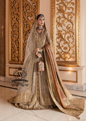 A Pakistani wedding dress is a captivating sight. Let your dreams become your wings in a wedding dress. This rich Beige gold maxi dress is adorned with carefully placed vibrant motifs, each crafted using tilla, kora Dabka, stones, sequins, beads, silk threads and swarovski crystals, and zardozi techniques.
