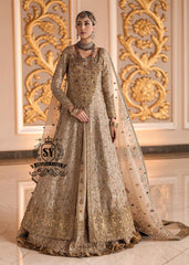A Pakistani wedding dress is a captivating sight. Let your dreams become your wings in a wedding dress. This rich Beige gold maxi dress is adorned with carefully placed vibrant motifs, each crafted using tilla, kora Dabka, stones, sequins, beads, silk threads and swarovski crystals, and zardozi techniques.