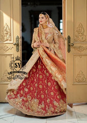The Sultry beige color adds a modern touch to the traditional wedding dress. This ensemble is perfect for brides who want to combine classic elegance with contemporary fashion. A premium Pishwas Lehenga design ideal for brides seeking an elegant, sophisticated, and striking look.