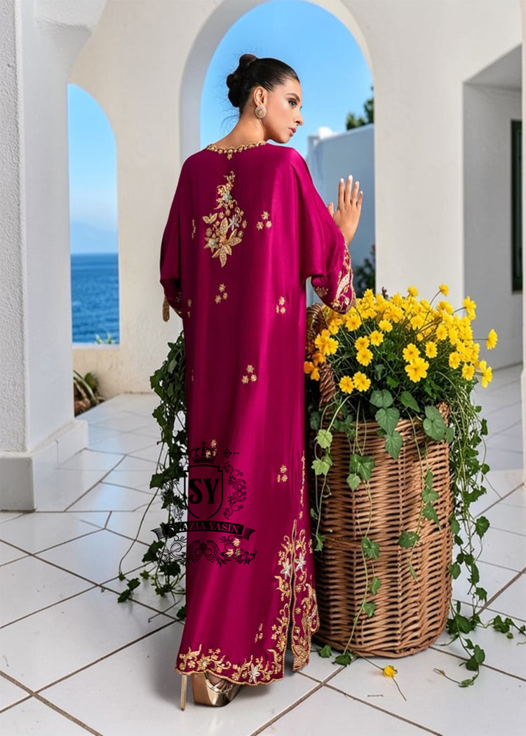 Elegant with a bold touch. This Kaftan dress features a rich burgundy tone that instantly gives a classy impression. The Caftan silhouette is Luxury, falls sleekly on the body, and still looks effortless for a sophisticated evening look.