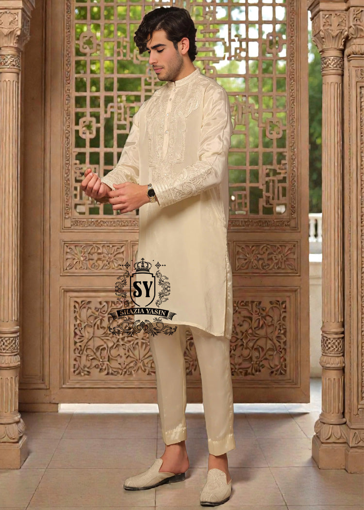 Grace meets glamour in this Coconut Cream cotton-silk kurta trouser, refined, regal, and made for festive evenings.