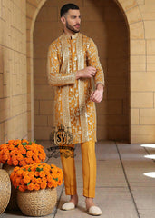 A luxurious mustard-gold kurta adorned with delicate floral and geometric embroidery — created for the man who believes in elegance, heritage, and refined festive style.