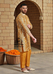 A luxurious mustard-gold kurta adorned with delicate floral and geometric embroidery — created for the man who believes in elegance, heritage, and refined festive style.