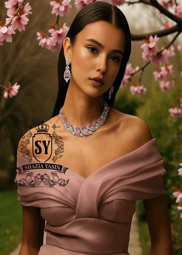 Radiant pink Kunzites and sparkling diamonds in Traditional Design. Set is Embellished with Rhodium Plated. Buy Online 925 Sterling Silver Pink Kunzites Bridal Jewellery Set.