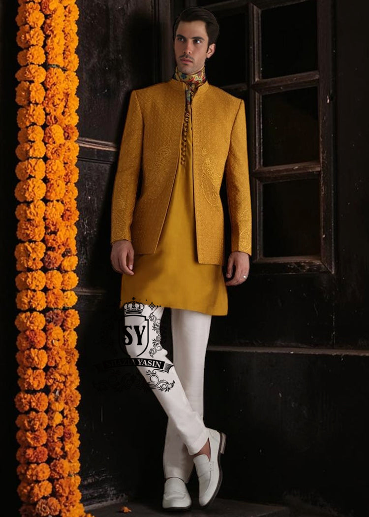 Adorn yourself in elegant attire with this Geebung-colored raw silk prince coat. The matching inner kurta and Off-White pajamas create a perfect match. Ideal for grooms.