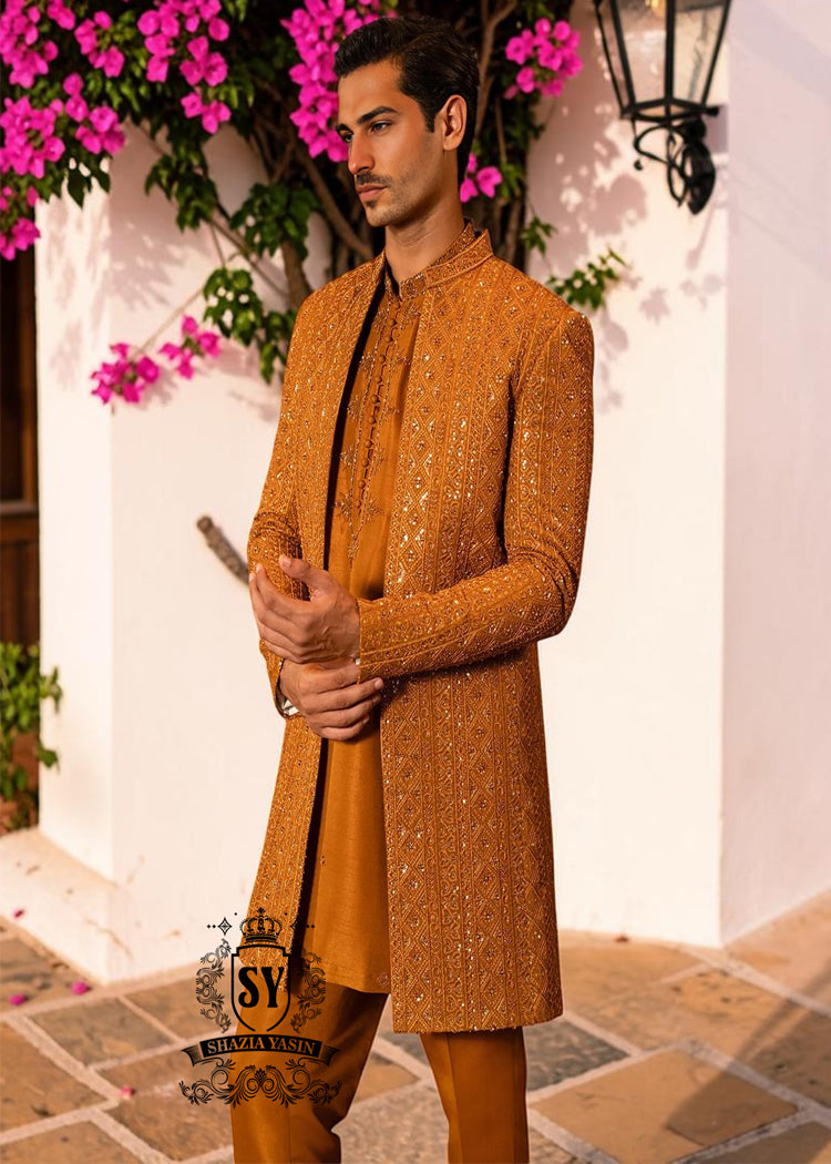 Latest arrival - feast your eyes on this stunning creation Prince Coat featuring vibrant thread embroidery and ethereal soft silk kurta Pajama.