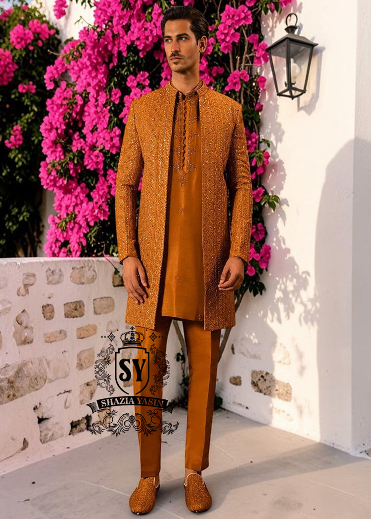 Latest arrival - feast your eyes on this stunning creation Prince Coat featuring vibrant thread embroidery and ethereal soft silk kurta Pajama.
