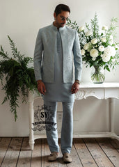 This Columbia Blue men's Prince Coat suit with a touch of embellishment is a conscious choice for men who prioritize quality and distinctive style.