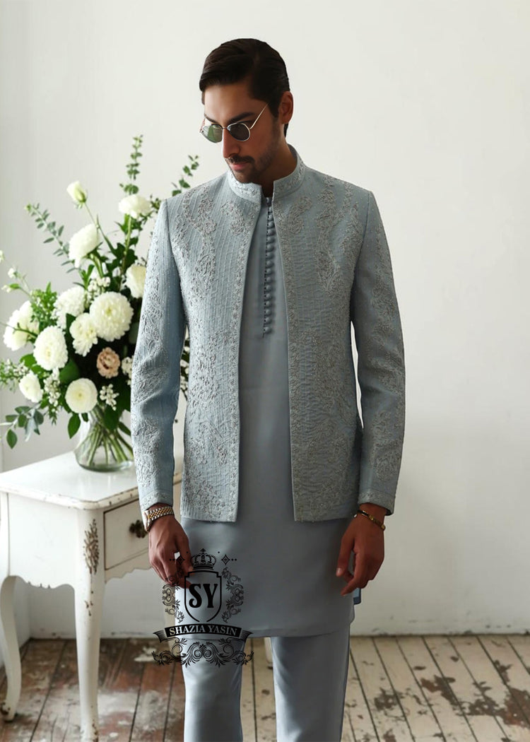 This Columbia Blue men's Prince Coat suit with a touch of embellishment is a conscious choice for men who prioritize quality and distinctive style.