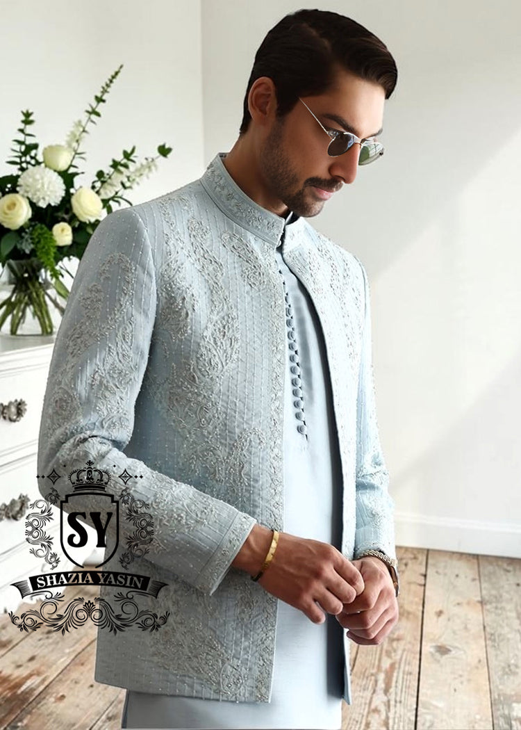 This Columbia Blue men's Prince Coat suit with a touch of embellishment is a conscious choice for men who prioritize quality and distinctive style.