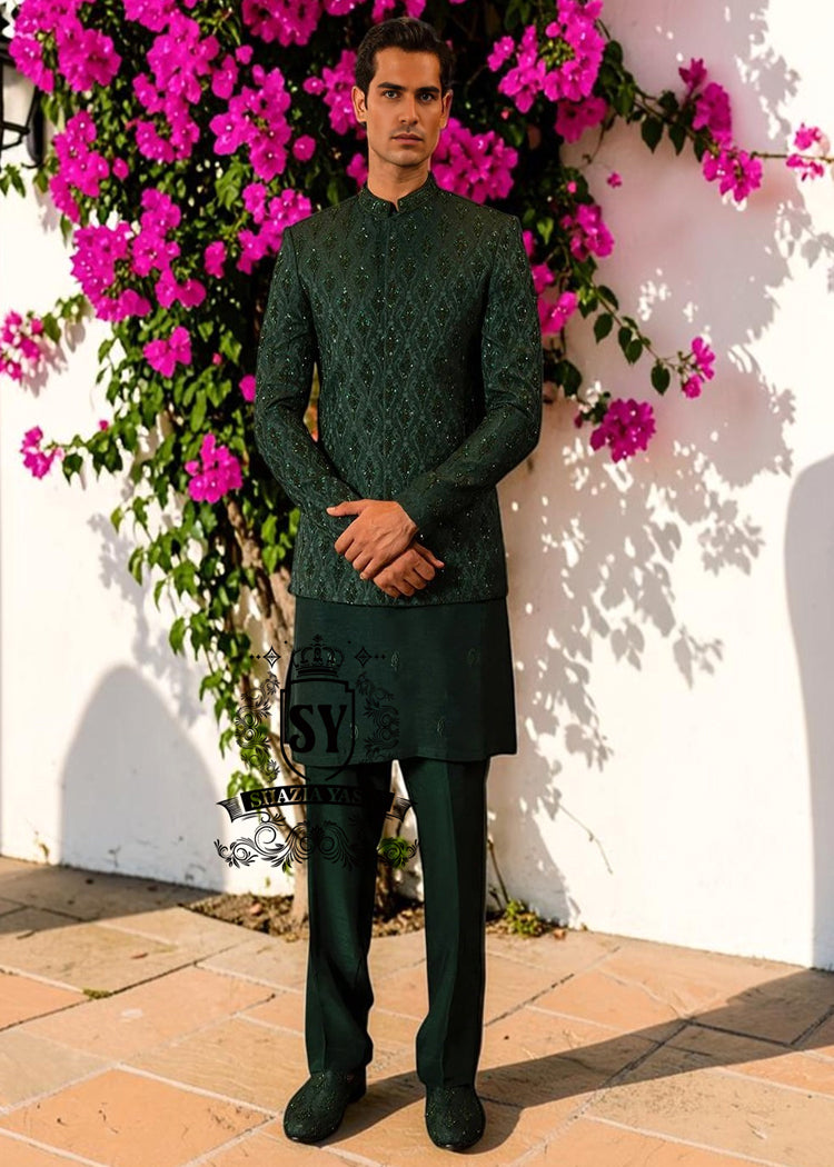 We shine the spotlight on this handsome groom, clad in a breathtakingly beautiful prince coat. Crafted from exquisite hand embellished, a perfect elegant Prince Coat for the timeless mehndi groom.