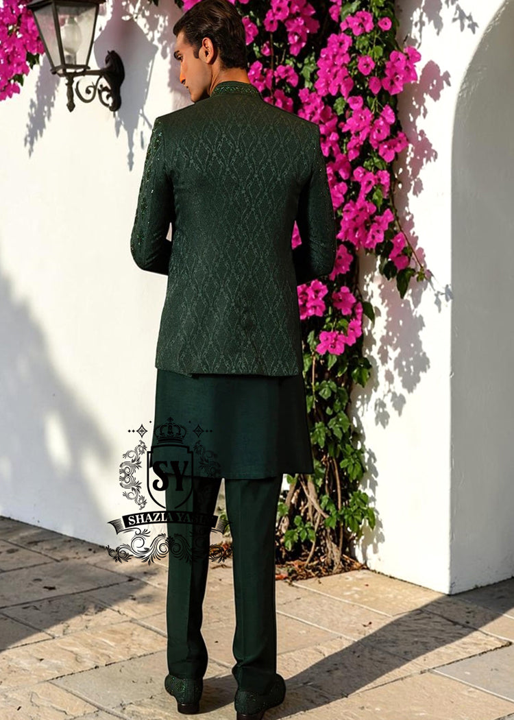 We shine the spotlight on this handsome groom, clad in a breathtakingly beautiful prince coat. Crafted from exquisite hand embellished, a perfect elegant Prince Coat for the timeless mehndi groom.