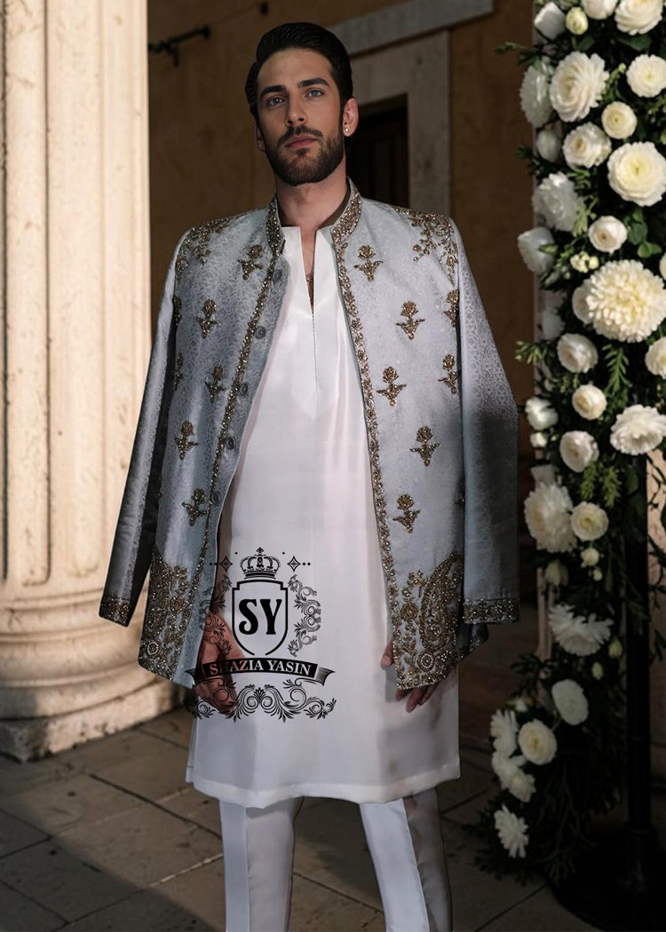 A refined wedding Prince suit with a bold personality. The Luxury lines, and mandarin collar lend a unique and sophisticated elegance, perfect for those who want to stand out in style on their most important day.