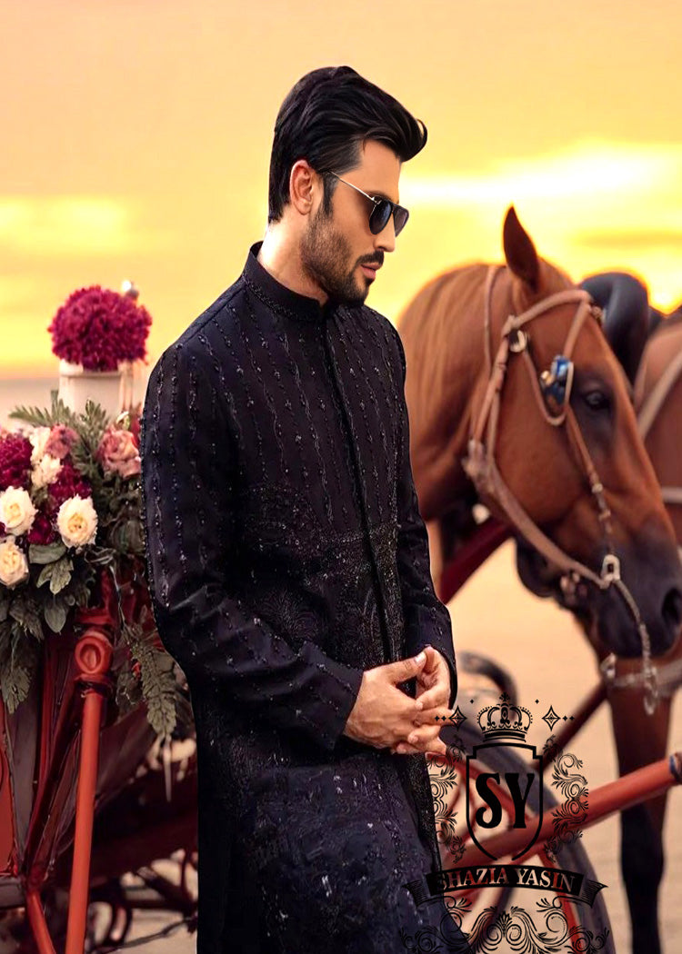 Black Raw Silk Sherwani Designs Garden City Michigan MI USA Best Mens Sherwani in Raw Silk