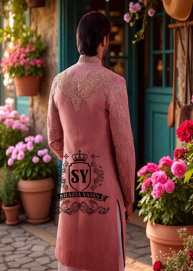 Baby Pink Sherwani for Mens Woking England UK Wedding Sherwani and Flared Trousers Combinations