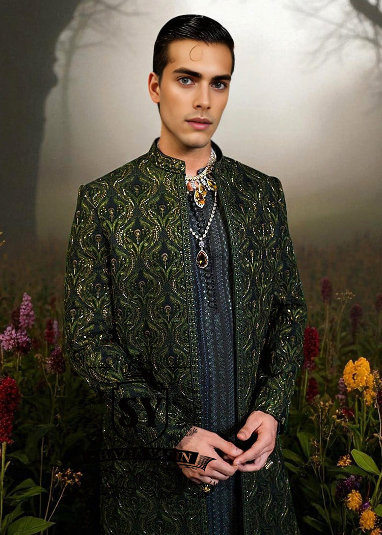 Embroidered Sherwani for Wedding South London UK Dark Green Sherwani for groom, Indian Pakistani Designer Sherwani