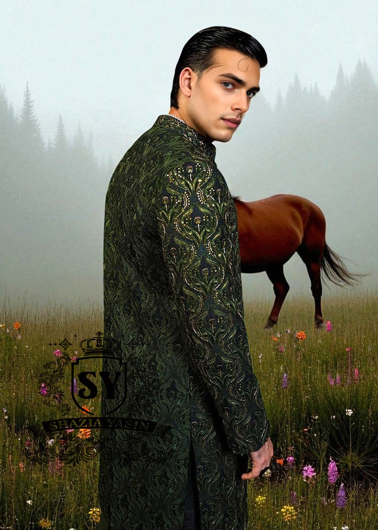 Embroidered Sherwani for Wedding South London UK Dark Green Sherwani for groom, Indian Pakistani Designer Sherwani