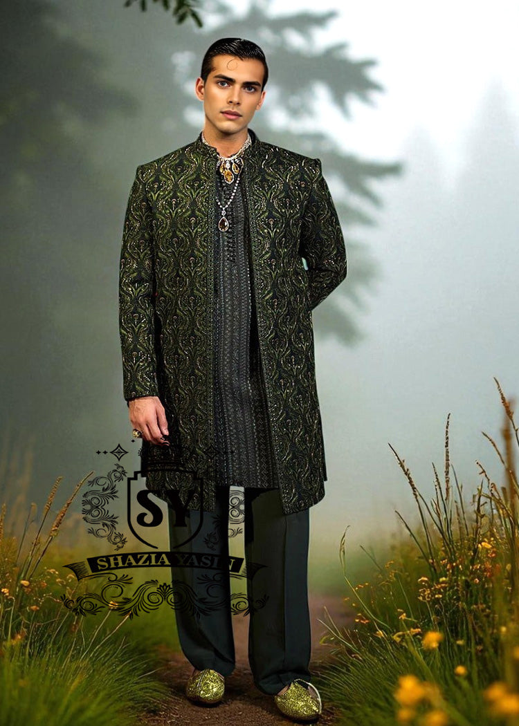 Embroidered Sherwani for Wedding South London UK Dark Green Sherwani for groom, Indian Pakistani Designer Sherwani