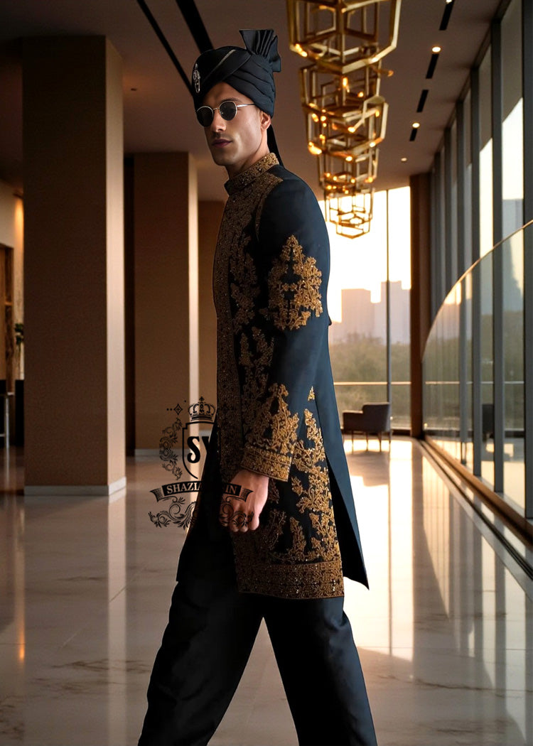Black MAGIC Wedding Sherwani Suits Groom Hand-embroidered Sherwani Los Angeles LA California CA USA Bespoke Sherwani Pakistan