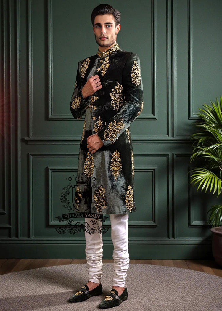 Glamorous Emerald Green wedding Sherwani suits for today's groom. Discover these men's Sherwani suits in natural Velvet fabrics that flatter YOUR body with supreme sartorial class.