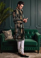 Glamorous Emerald Green wedding Sherwani suits for today's groom. Discover these men's Sherwani suits in natural Velvet fabrics that flatter YOUR body with supreme sartorial class.