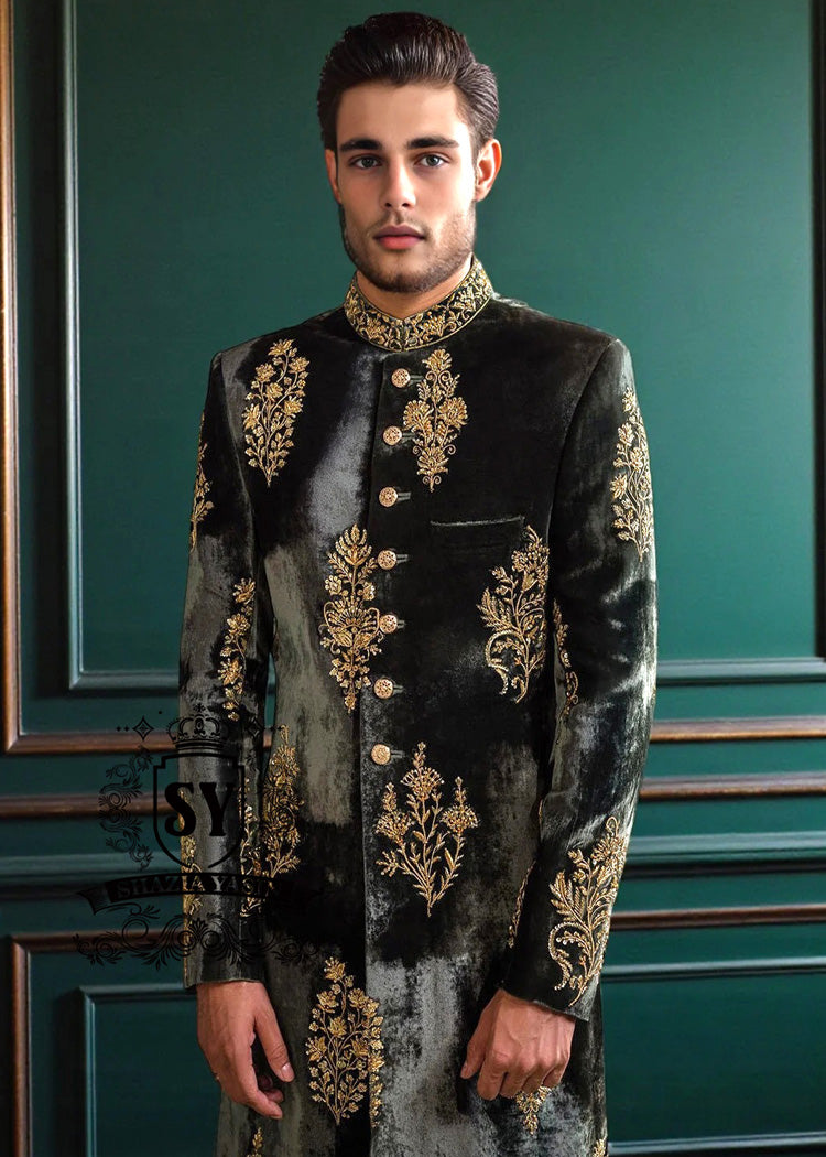 Glamorous Emerald Green wedding Sherwani suits for today's groom. Discover these men's Sherwani suits in natural Velvet fabrics that flatter YOUR body with supreme sartorial class.