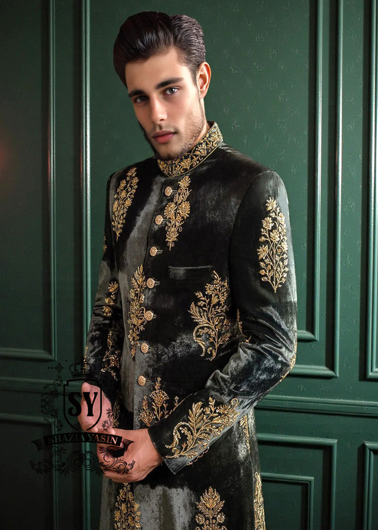 Glamorous Emerald Green wedding Sherwani suits for today's groom. Discover these men's Sherwani suits in natural Velvet fabrics that flatter YOUR body with supreme sartorial class.