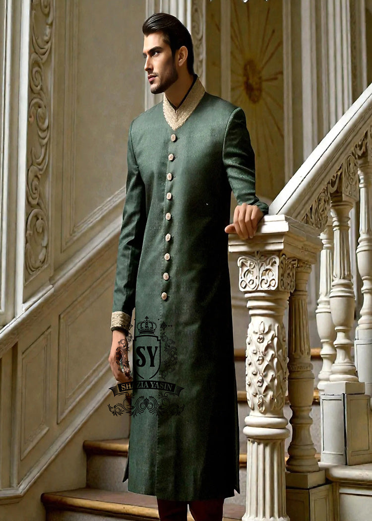Shazia Yasin Sherwani wedding dress is a unique wearable piece of art to be cherished and passed on.
Every dress tells a story and celebrates SY Couture of our groom.