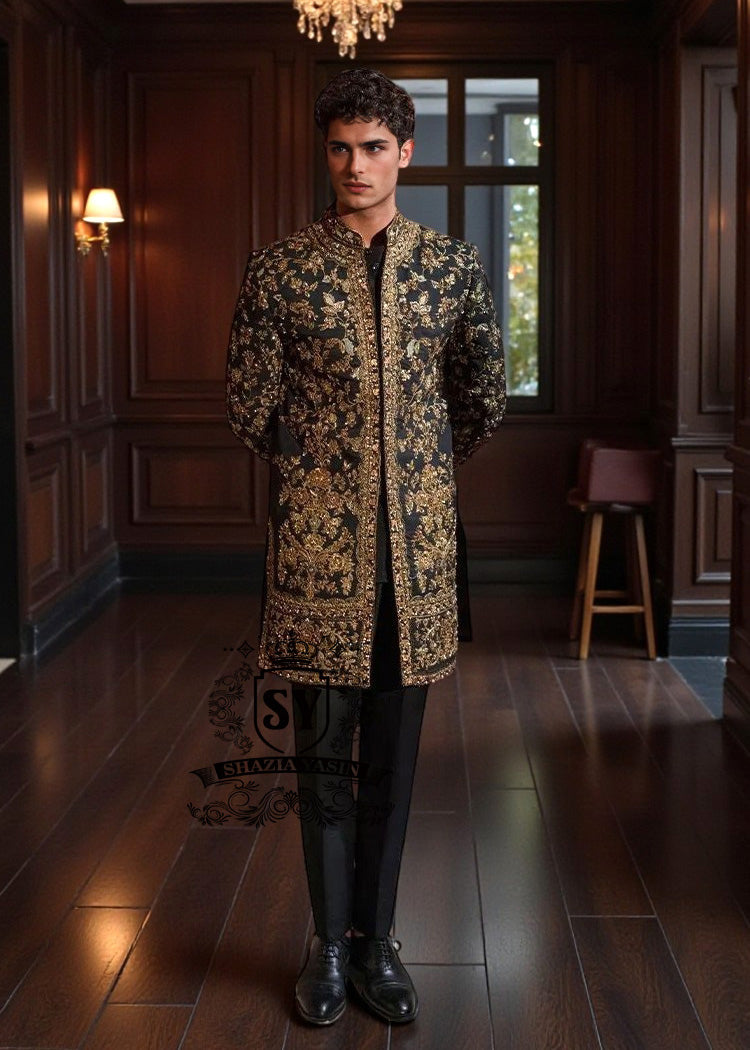 The elegance of a Sherwani, the quintessential men's Sherwani suit, a piece of tailor-made class, a garment to wear like a second skin on special occasions, events, or your wedding day.