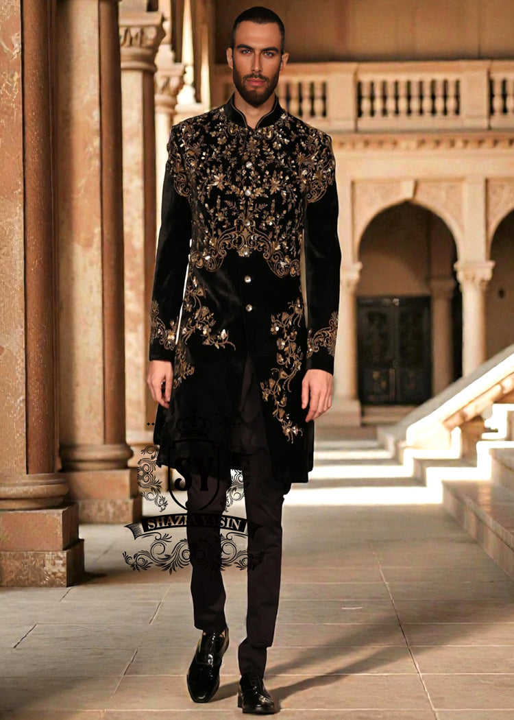 Elevate your style with this most luxurious velvet embellished men's sherwani. This High-end fashion sherwani is sure to make you stand out from the crowd. 