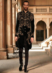 Elevate your style with this most luxurious velvet embellished men's sherwani. This High-end fashion sherwani is sure to make you stand out from the crowd. 