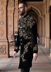 Elevate your style with this most luxurious velvet embellished men's sherwani. This High-end fashion sherwani is sure to make you stand out from the crowd. 