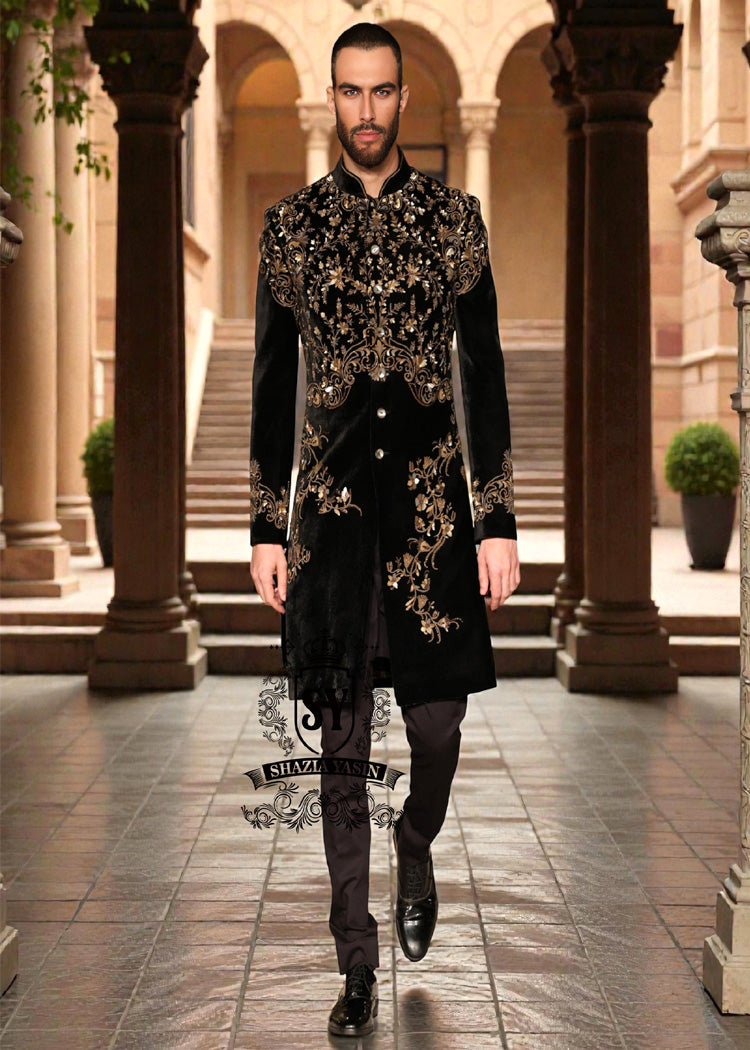 Elevate your style with this most luxurious velvet embellished men's sherwani. This High-end fashion sherwani is sure to make you stand out from the crowd. 