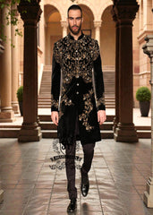 Elevate your style with this most luxurious velvet embellished men's sherwani. This High-end fashion sherwani is sure to make you stand out from the crowd. 