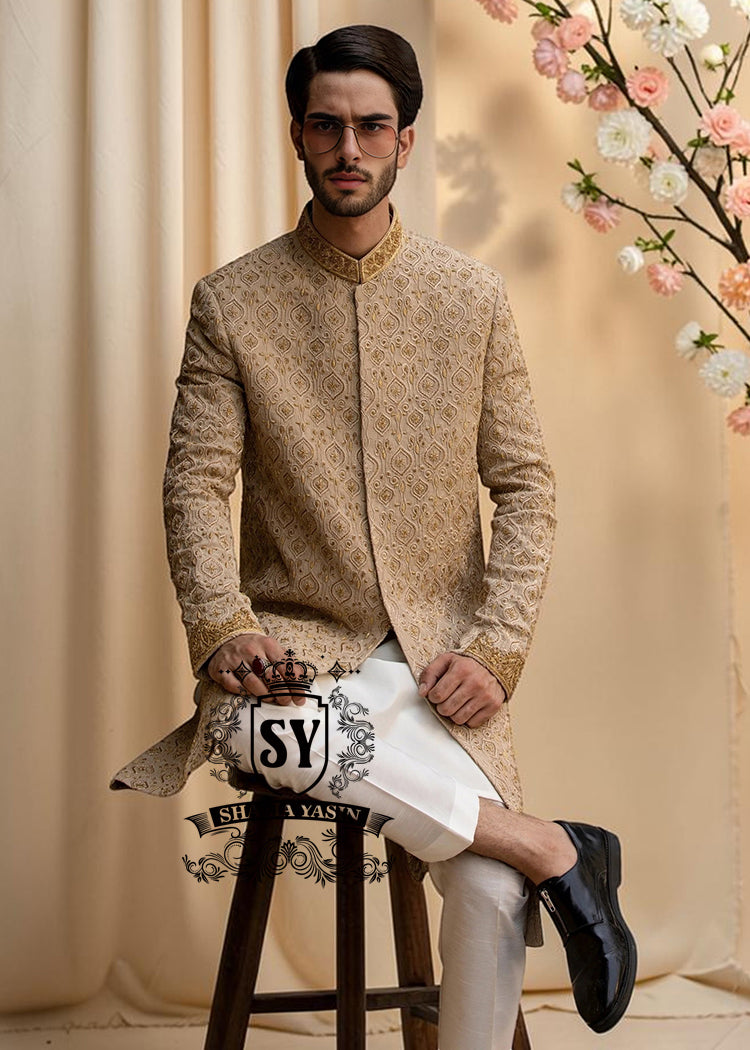The signature elegance of the modern groom. A Sherwani suit that combines style, tradition, and premium tailoring. This elegant Bright Wood Sherwani dress blends timeless elegance with exquisite artistry, featuring beautiful embroidery that speaks of tradition and modern luxury.