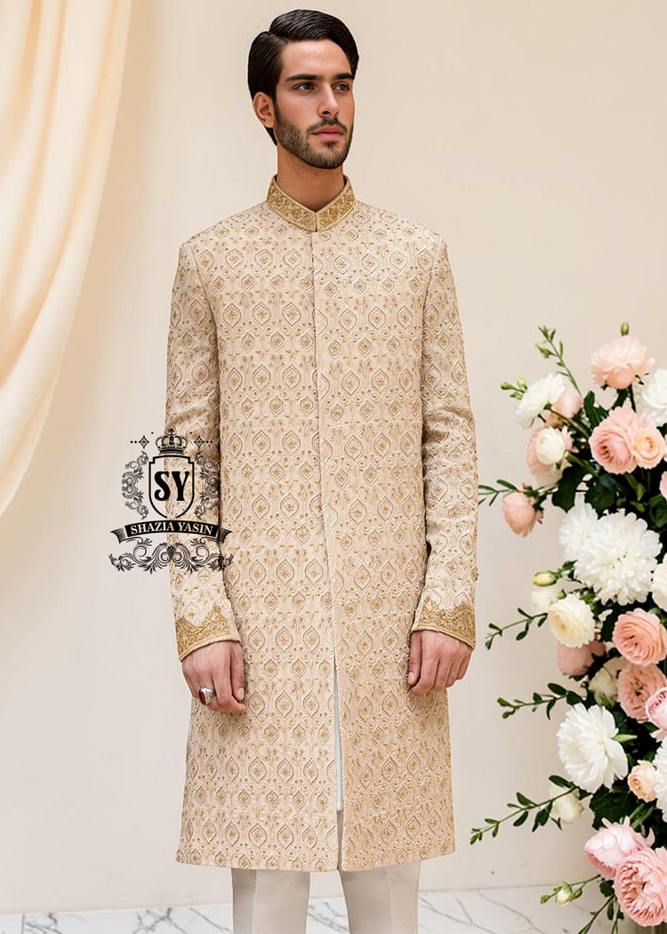 The signature elegance of the modern groom. A Sherwani suit that combines style, tradition, and premium tailoring. This elegant Bright Wood Sherwani dress blends timeless elegance with exquisite artistry, featuring beautiful embroidery that speaks of tradition and modern luxury.