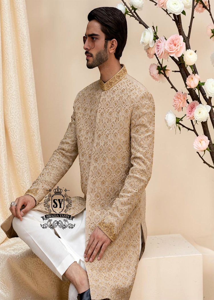 The signature elegance of the modern groom. A Sherwani suit that combines style, tradition, and premium tailoring. This elegant Bright Wood Sherwani dress blends timeless elegance with exquisite artistry, featuring beautiful embroidery that speaks of tradition and modern luxury.