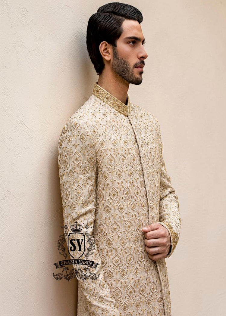 The signature elegance of the modern groom. A Sherwani suit that combines style, tradition, and premium tailoring. This elegant Bright Wood Sherwani dress blends timeless elegance with exquisite artistry, featuring beautiful embroidery that speaks of tradition and modern luxury.