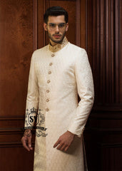 Elegant, Embroidered Off-White men's wedding Sherwani suit. A modern men's formal Sherwani suit perfect for contemporary weddings, stylish ceremonies, elegant Nikah events, and special occasions.