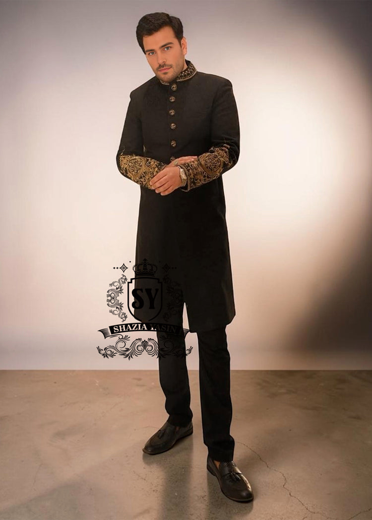 Draped in royalty. Tailored for the spotlight. Black Sherwani elegance elevated with intricate hand embroidery and timeless detailing.